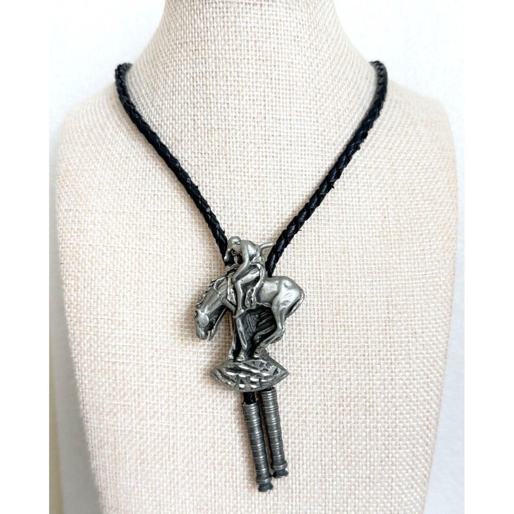 Vintage 1970s Pewter End of the Trail Native American Horse Bolo Tie